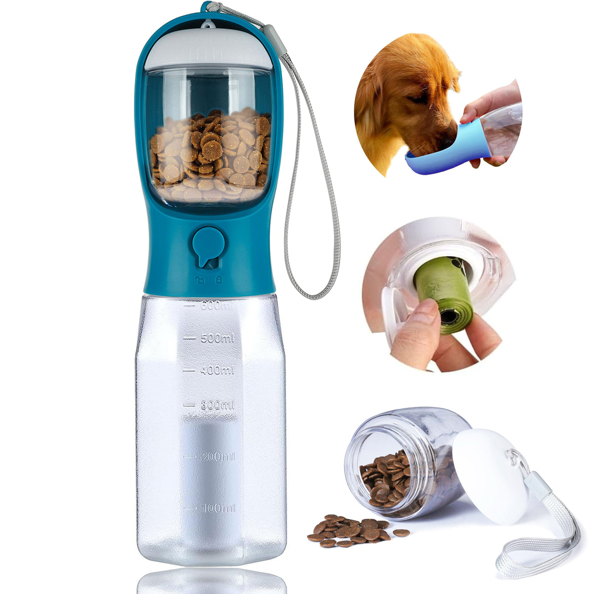 Dog Water Bottle with Food Container, Portable Pet Dog Water Dispenser for Outdoor Walking,Hiking,Travel,Puppy Essentials,Puppy Supplies,Replaceable Waste Bags