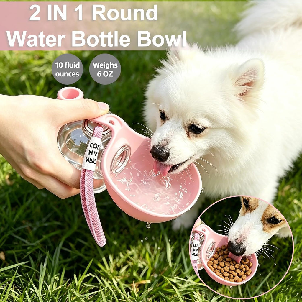 Dog Water Bottle Portable, 2in1 Round Foldable Water Bowl for Dogs Pink PET