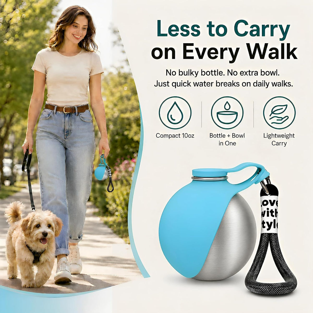 2 in 1 Dog Water Bottle Portable with Bowl, 10oz Stainless Steel, Blue