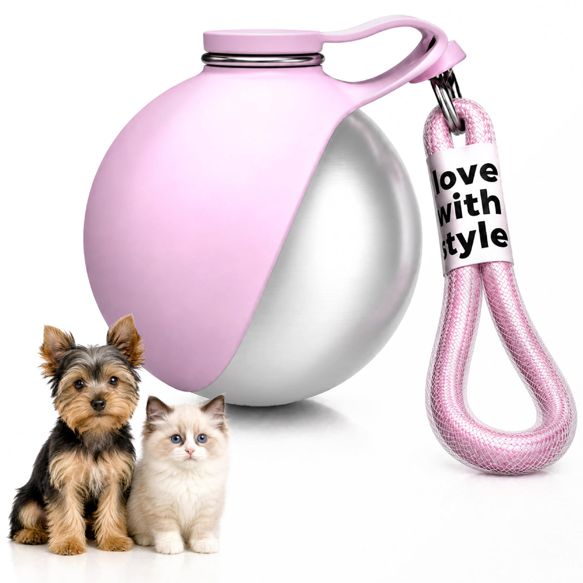 Portable Dog Water Bottle for Walking, 10oz Stainless Steel Pet Water Dispenser with Foldable Silicone Bowl, Leak-Proof Puppy Water Bottle for Small Dogs&Cats,Travel Hiking Outdoor Use(Pink)