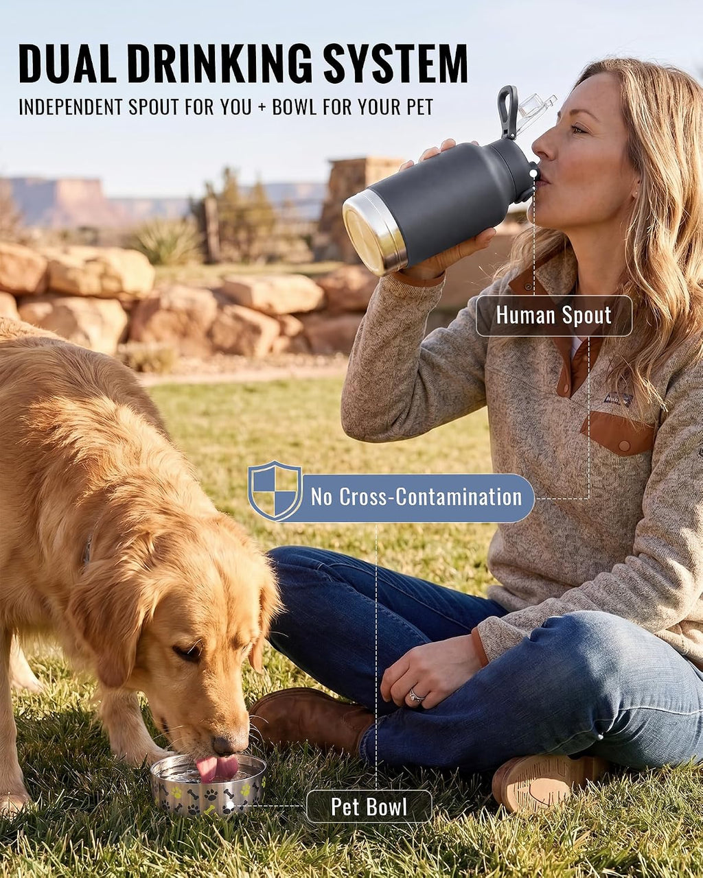 GiNT 37oz / 1.1L Insulated Dog Water Bottle with Carrying Case, Dark Grey