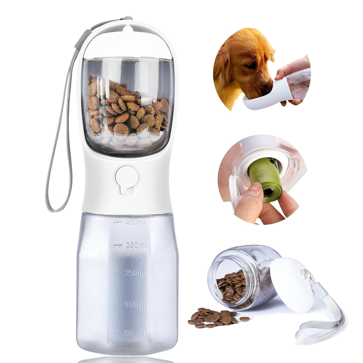 Dog Water Bottle with Food Container, Portable Pet Dog Water Dispenser for Outdoor Walking,Hiking,Travel,Puppy Essentials,Puppy Supplies,Replaceable Waste Bags