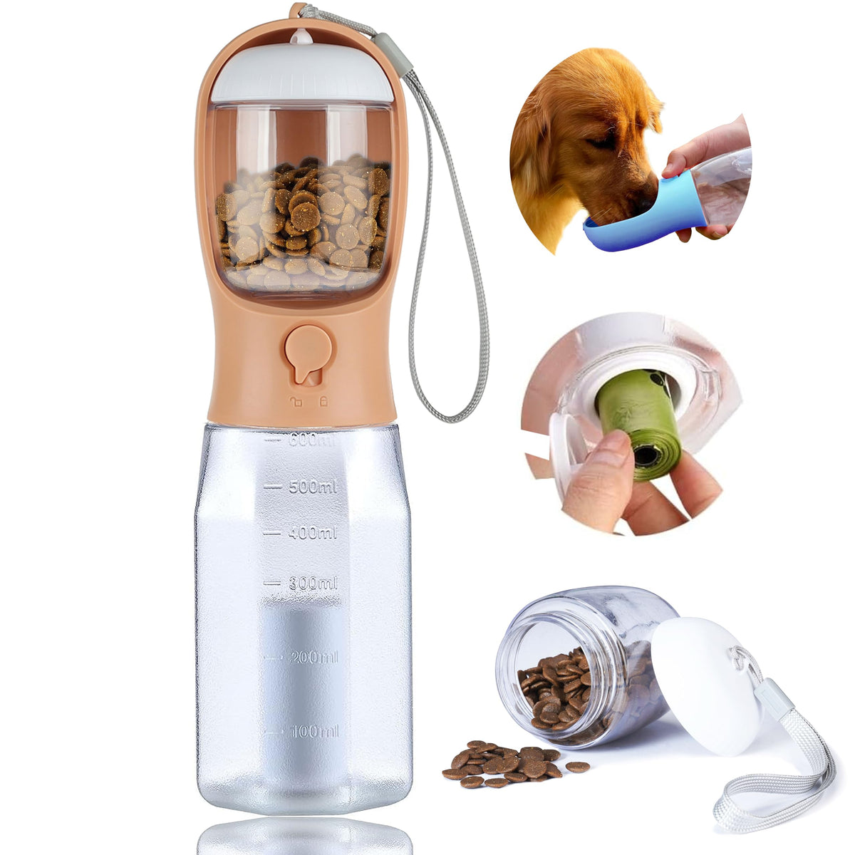 Dog Water Bottle with Food Container, Portable Pet Dog Water Dispenser for Outdoor Walking,Hiking,Travel,Puppy Essentials,Puppy Supplies,Replaceable Waste Bags