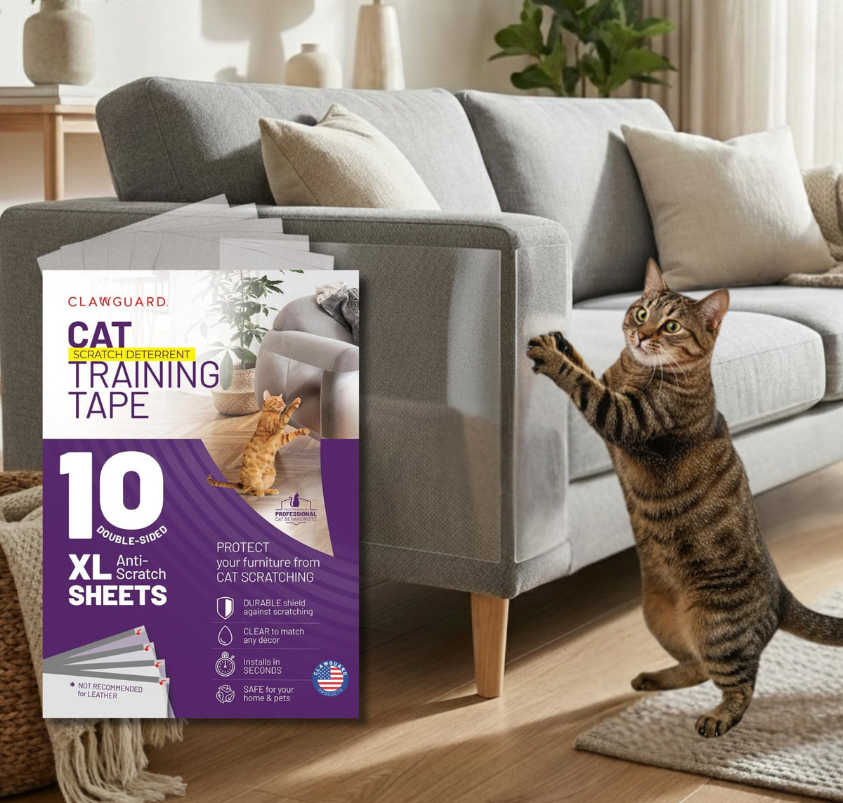 CLAWGUARD Cat Scratch Tape for Furniture, 10 XL Double-Sided Sheets, Sofa