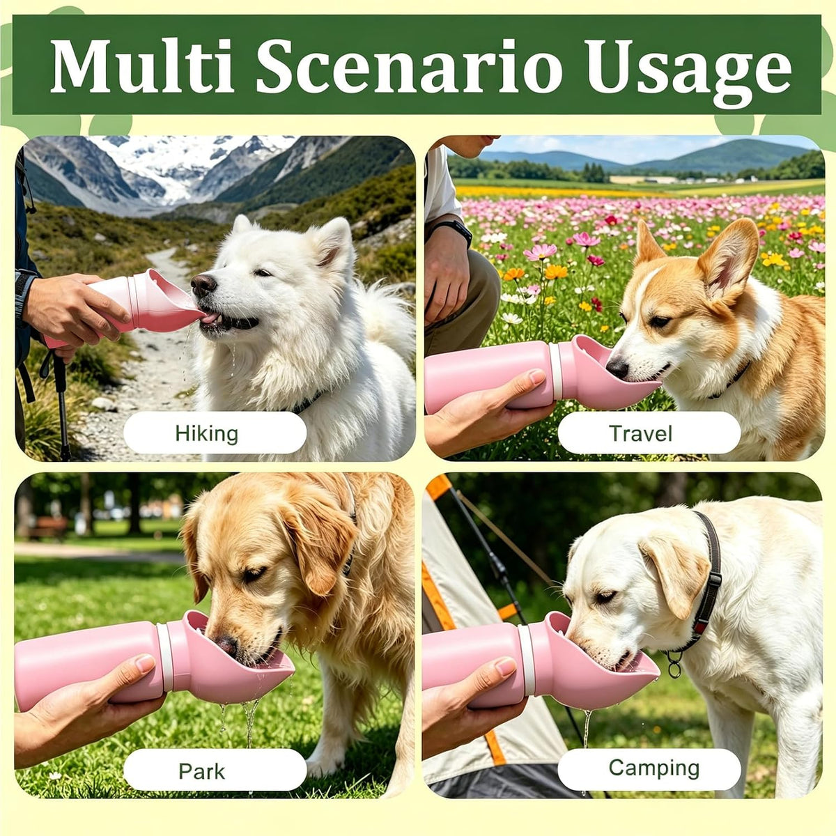 2 in 1 Foldable Dog Water Bottle, Leakproof Portable Pet Dispenser, Pink