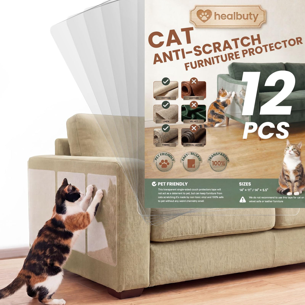 Cat Scratch Furniture Protector, 12 Pack Self Adhesive Tape, Heavy Duty Flexible Corner Guards for Couch, Sofa, Doors, Walls, Chairs, Armrests, No Residue, No Pins, Cat Scratch Protection Kit