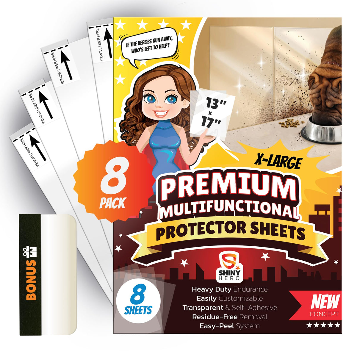 8-Pack - Clear Wall & Door Protector from Dog Scratching - Anti Cat Couch Guard Plastic Sheets, Furniture Self-Adhesive Removable Sticky Tape, Transparent Thick Sofa Scratch Deterrent Frame Cover Film