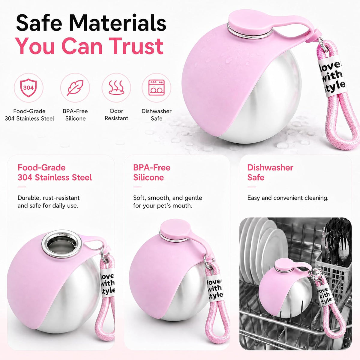 Portable Dog Water Bottle for Walking, 10oz Stainless Steel Pet Water Dispenser with Foldable Silicone Bowl, Leak-Proof Puppy Water Bottle for Small Dogs&Cats,Travel Hiking Outdoor Use(Pink)