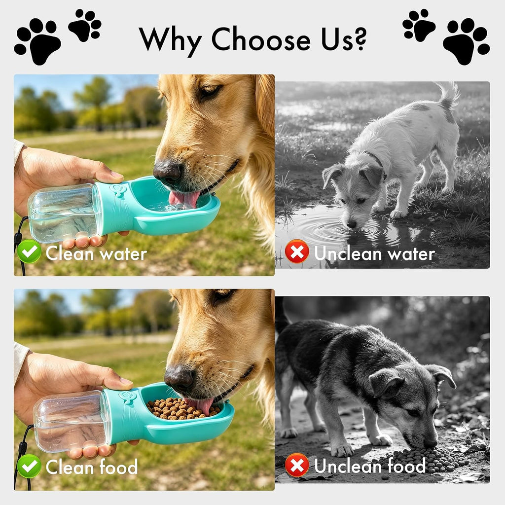 2 in 1 Dog Water Bottle with Food Container, Portable Leakproof Pet Water Dispenser & Bowl, Fits Dogs and Cats (Blue, Small)