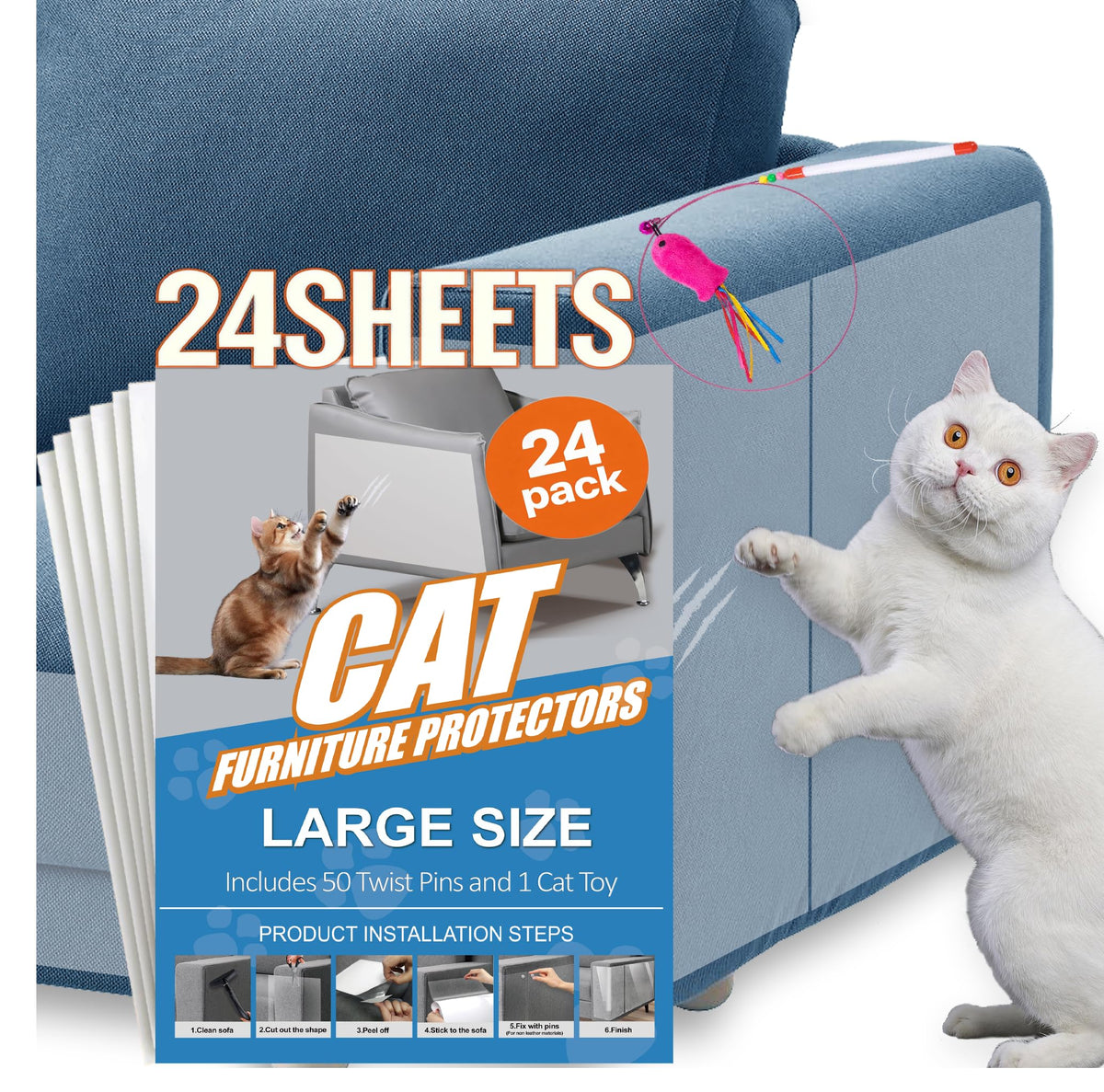 20-Pack Cat Scratch Furniture Couch Protector - Large Size 17x12inch Sofa Protectors Tape from Anti Cats Claws Scratching , Chair Corner Guards Cover for Cat Stop Scratching with 50 Twist Pins and Toy