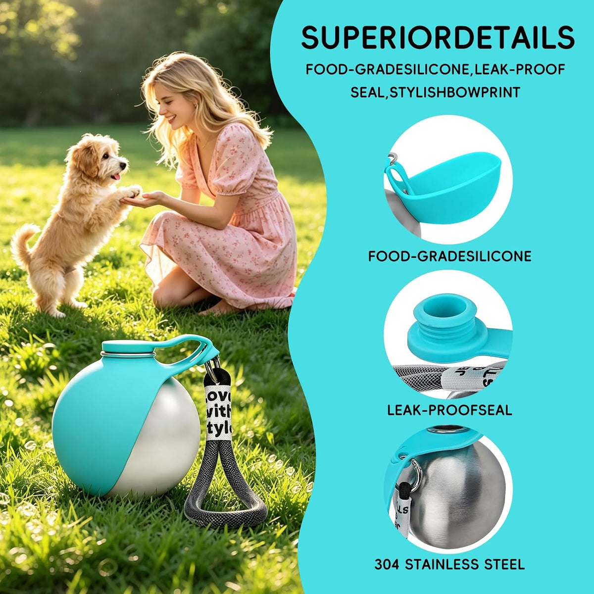 2in1 Portable Dog Water Bottle Portable,10oz Stainless Steel Leak Proof Pet Water Bottle Portable Dog Water Bottle Silicone Bowl,Outdoor Travel Water Bottle for Dogs Walking Hiking Camping, Blue