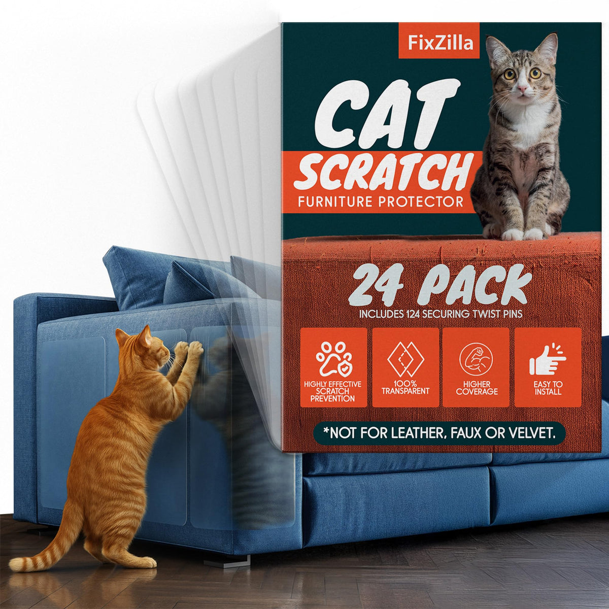 FixZilla Anti Cat Scratch Furniture Protector, 10-Pack Couch Protector from Cat Claws - Heavy-Duty, Easy-to-Apply Scratching Deterrent and Shield for Sofa Corners, Walls, Doors- with 50 Twist Pins