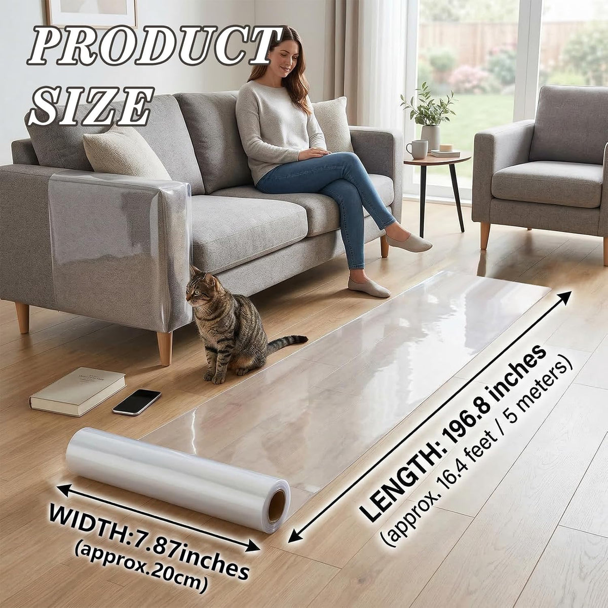 Cat Scratch Furniture Protector, Clear Flexible Plastic Adhesive Cover, Single Side Sticky Sofa Couch Guard, 7.87 x 196.8 Inches