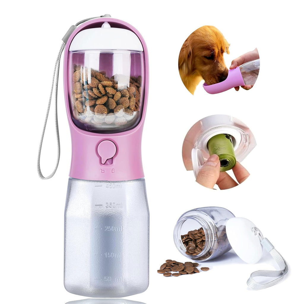 Dog Water Bottle with Food Container, Portable Pet Dog Water Dispenser for Outdoor Walking,Hiking,Travel,Puppy Essentials,Puppy Supplies,Replaceable Waste Bags