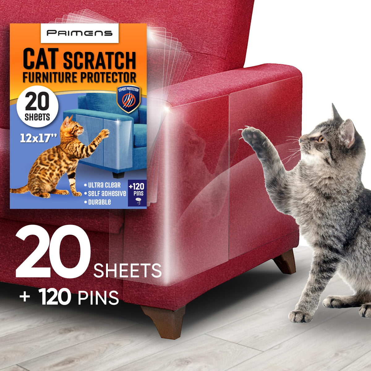 Heavy Duty Cat Scratch Deterrent Furniture Protectors for Sofa, Doors, Clear Couch Protectors from Cats Scratching, Anti Cat Scratch Tape Guards (Transparent, 10 Sheets 17x12)