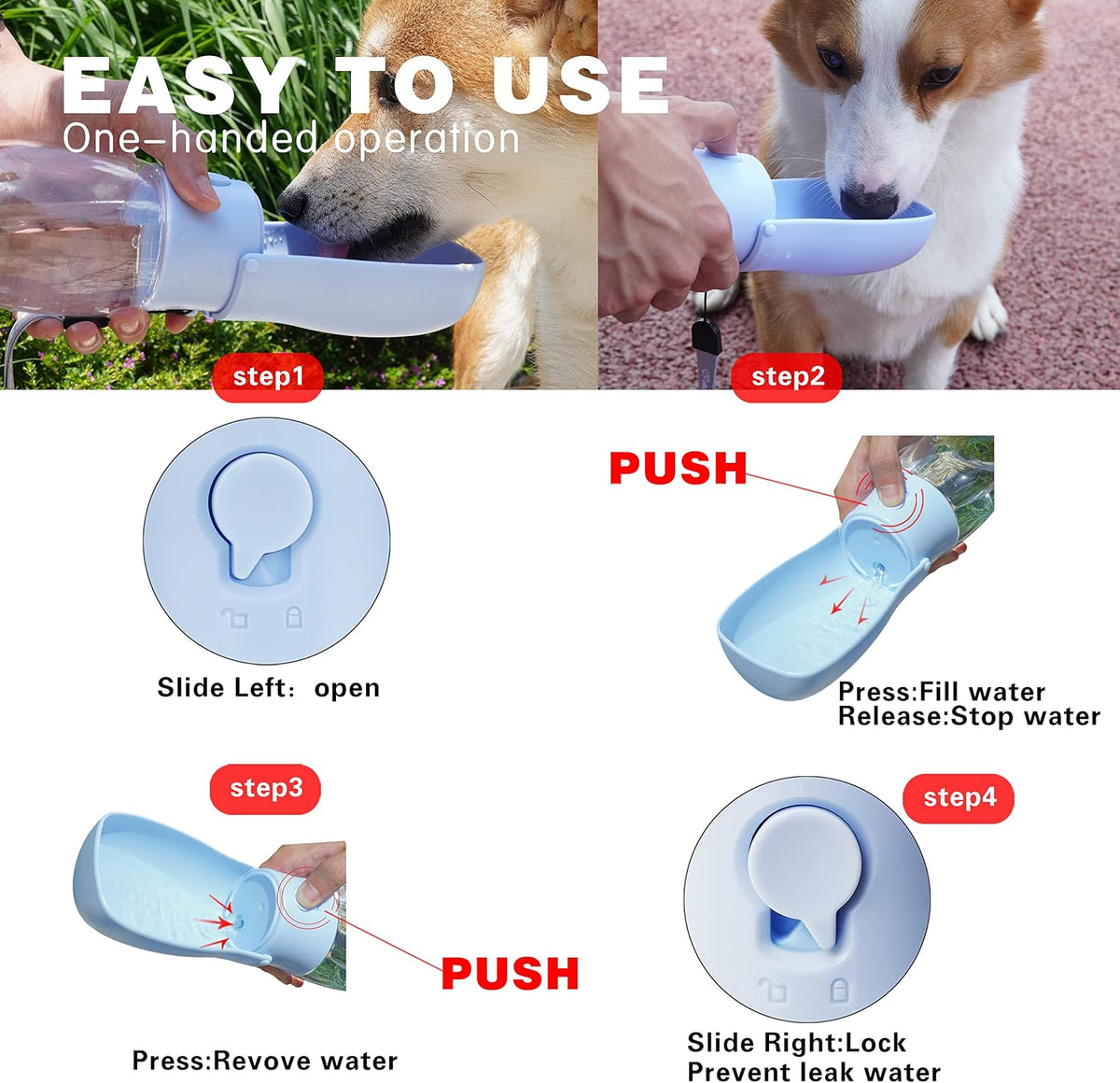 Foldable Dog Water Bottle, Portable Water Dispenser for Cat, Rabbit, Puppy and Small Animals, the Perfect Dog Gifts and Dishwasher Safe Pet Accessories for Walking, Hiking, Travel