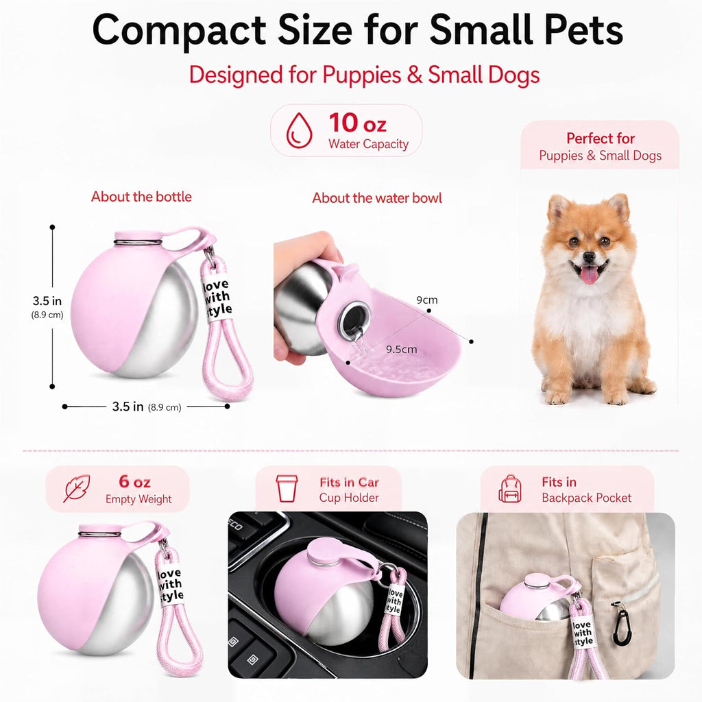 Portable Dog Water Bottle for Walking, 10oz Stainless Steel Pet Water Dispenser with Foldable Silicone Bowl, Leak-Proof Puppy Water Bottle for Small Dogs&Cats,Travel Hiking Outdoor Use(Pink)