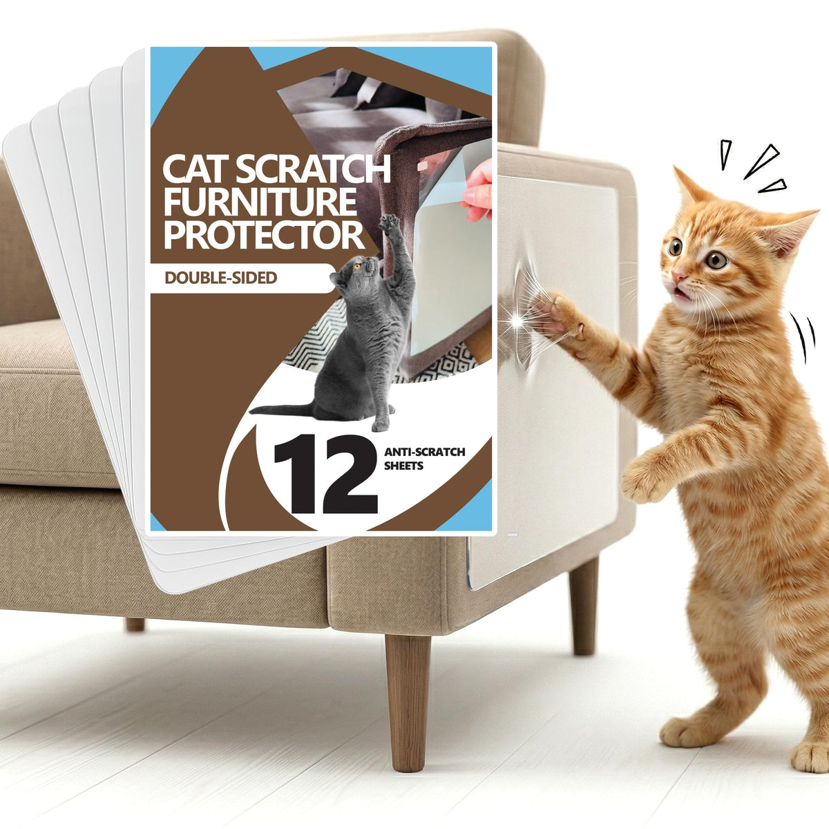 Furniture Protector from Cats, 12-Pack Anti-Scratching Sticky Tape, Scratch Deterrent, Cat Scratch Furniture Protector, Couch Protector from Cat Claws, Sofa Corners, Couch Corner Protector for Cats