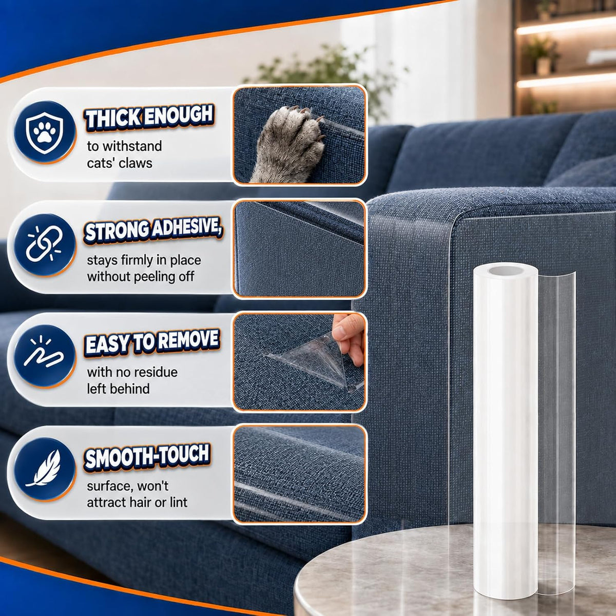 196.9" x 17.7" Anti Cat Scratch Furniture Protector, Clear Couch Protector from Cat Claws, Self-Adhesive Anti Scratch Cats Tape for Furniture with Twist Pins and Scraper