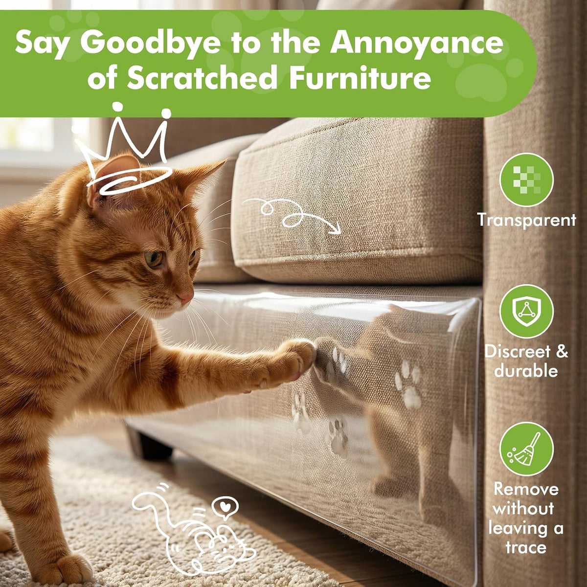 Anti-Cat Scratch Furniture Protector, Single-Sided Sticky Couch Protector for Cats Claws,Cat Scratch Deterrent for Furniture Door,Cat Scratch Furniture Protectors,Cat Accessories(196.85" x 11.81" )