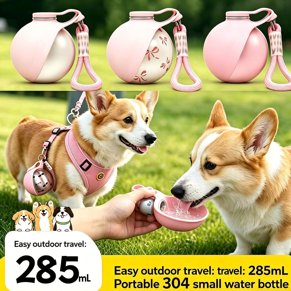 Portable Dog Water Bottle, 304 Stainless Steel Foldable Pet Water Cup, Leak-Proof Travel Water Dispenser with Foldable Silicone Bowl, 285ml Large Capacity for Dogs Cats Outdoor Walking Hiking