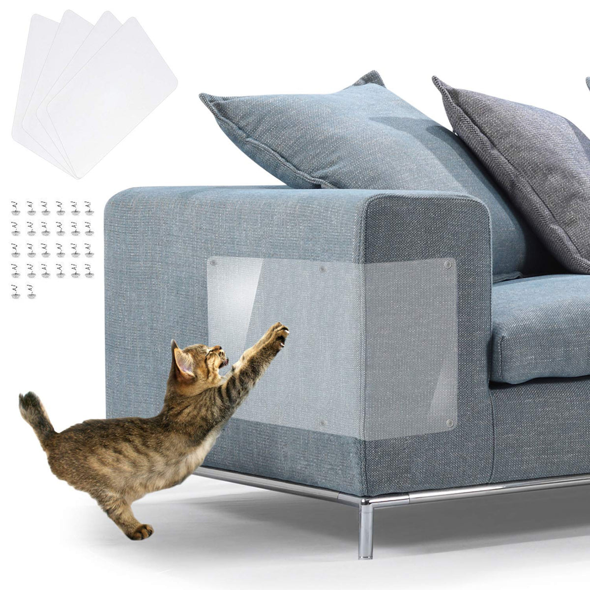 In hand Cat Scratch Furniture, 2PCS Clear Premium Heavy Duty Flexible Vinyl Protector Dog Cat Claw Guards with Pins No Adhesive, Stops Scratching Pets Furniture Protector