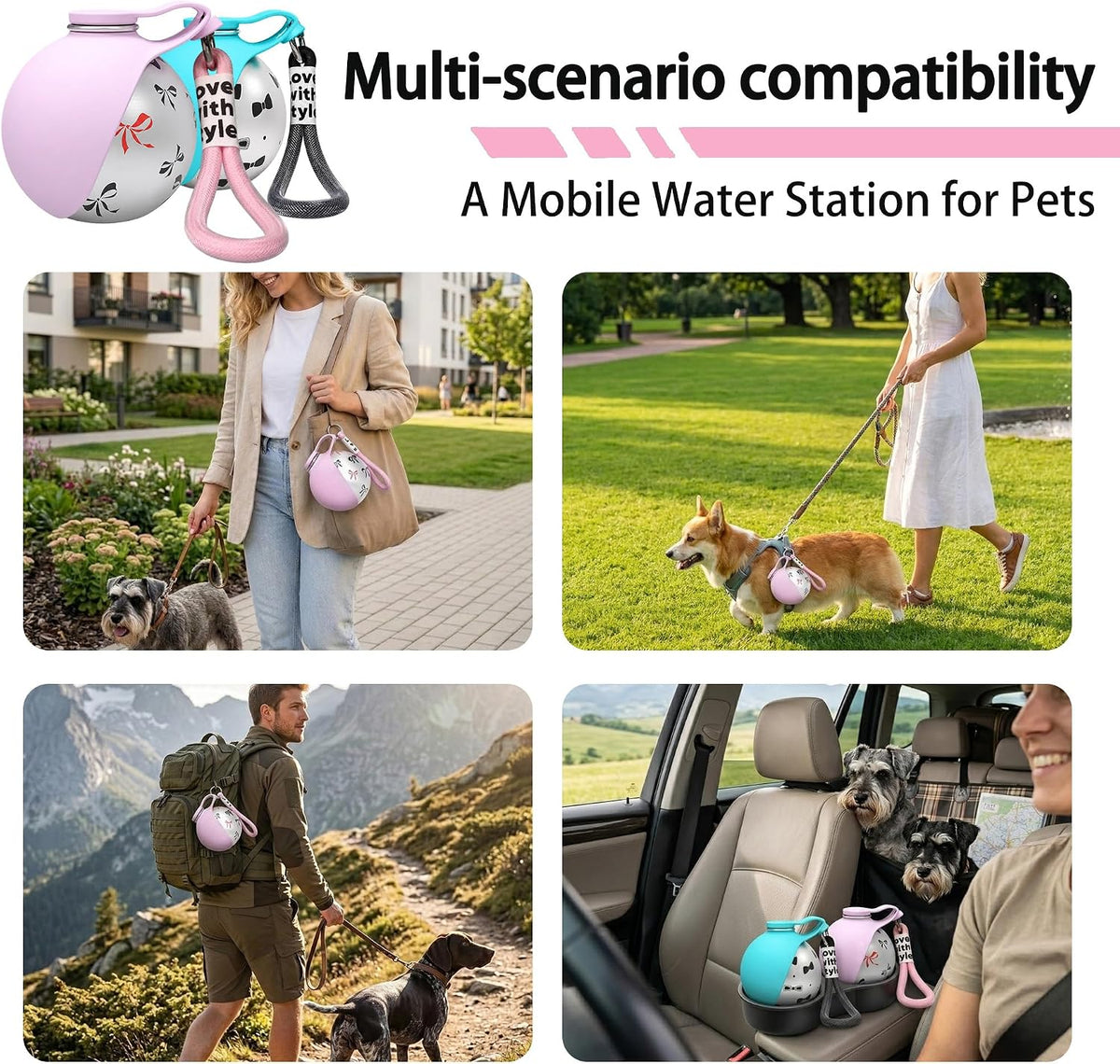 Portable Pet Water Bottle & Collapsible Dog Bowls, Spill Proof Water Dispenser, Cat Food Container & Dog Treat Holder, Small Size Pet Supplies Travel Accessories for Puppy