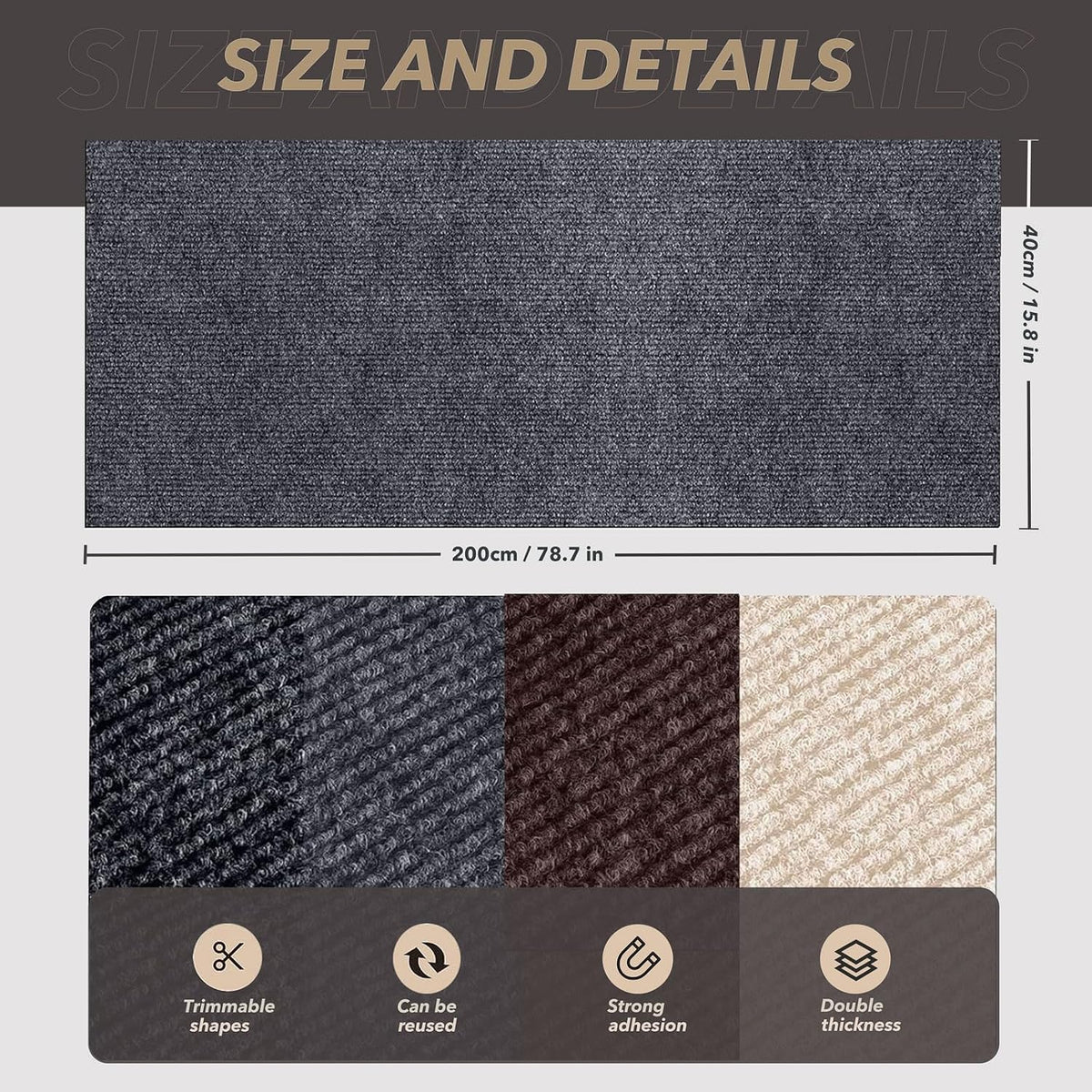 78.7"X15.8" Cat Scratching Mat, Self-Adhesive Cat Scratch Carpet, DIY Cats Scratch Furniture Protector for Couch, Sofa, Wall & Door, Durable Furniture Guards Couch Scratcher from Cats Claws, Dark Grey