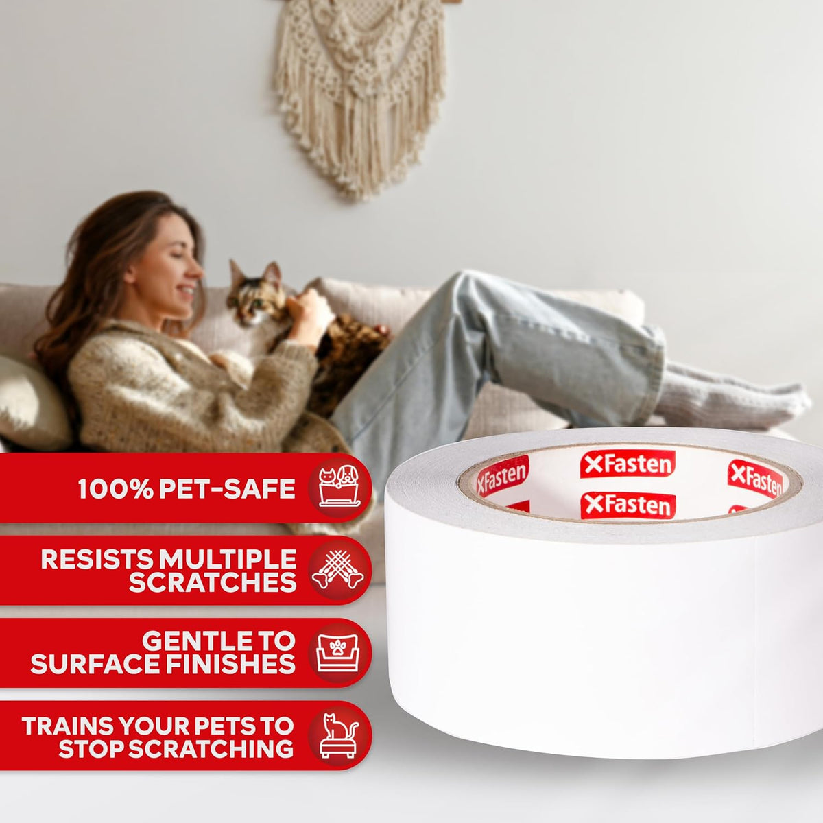 XFasten Anti-Scratch Cat Training Tape, 3-Inches x 30-Yards - Door, Couch, Furniture and Leather Scratch Guard Protector Tape for Cats and Pets