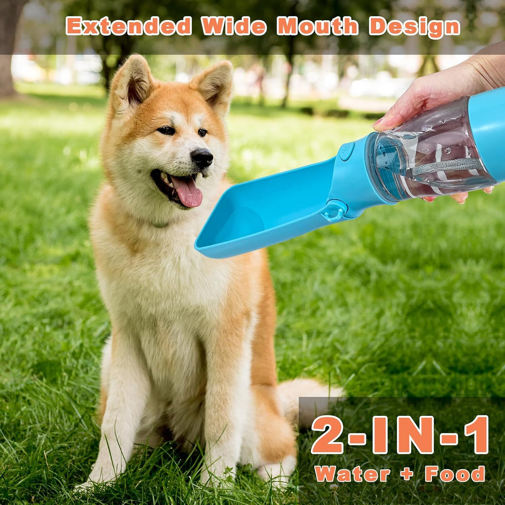 Portable 2-in-1 Pet Water Bottle for Dogs Cats, Leakproof 8oz Travel Bottle with Food Storage, Blue