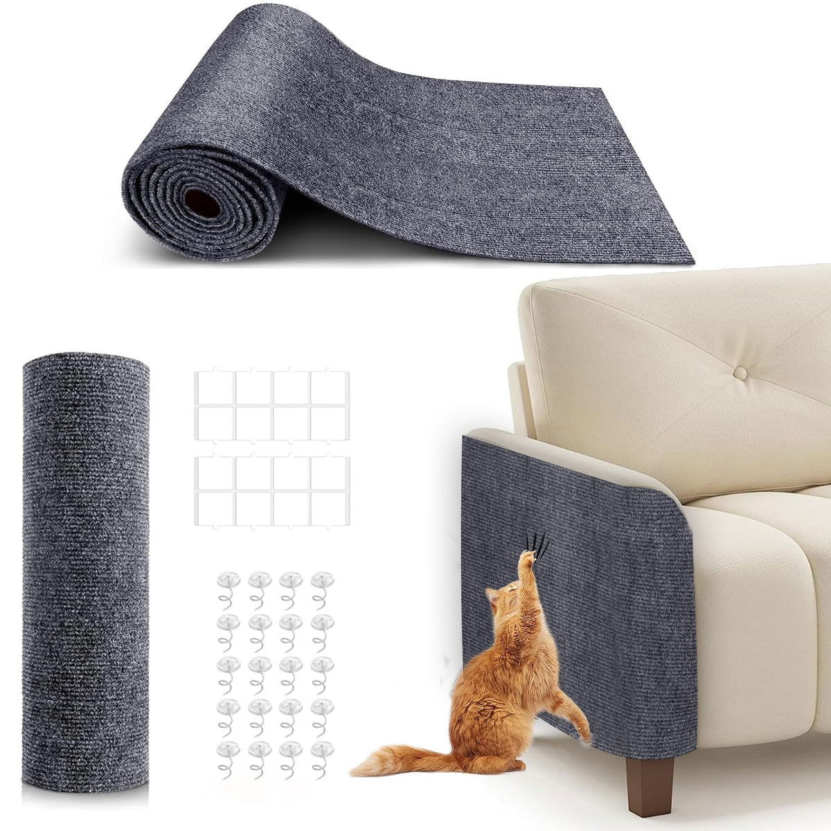 78.7"X15.8" Cat Scratching Mat, Self-Adhesive Cat Scratch Carpet, DIY Cats Scratch Furniture Protector for Couch, Sofa, Wall & Door, Durable Furniture Guards Couch Scratcher from Cats Claws, Dark Grey