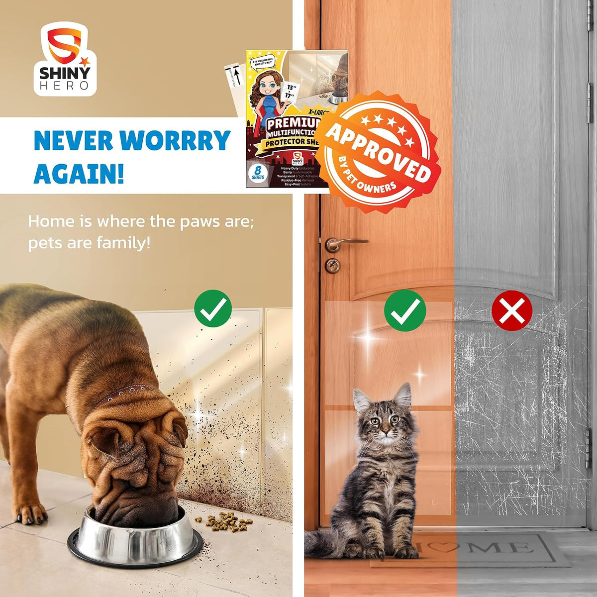 8-Pack - Clear Wall & Door Protector from Dog Scratching - Anti Cat Couch Guard Plastic Sheets, Furniture Self-Adhesive Removable Sticky Tape, Transparent Thick Sofa Scratch Deterrent Frame Cover Film
