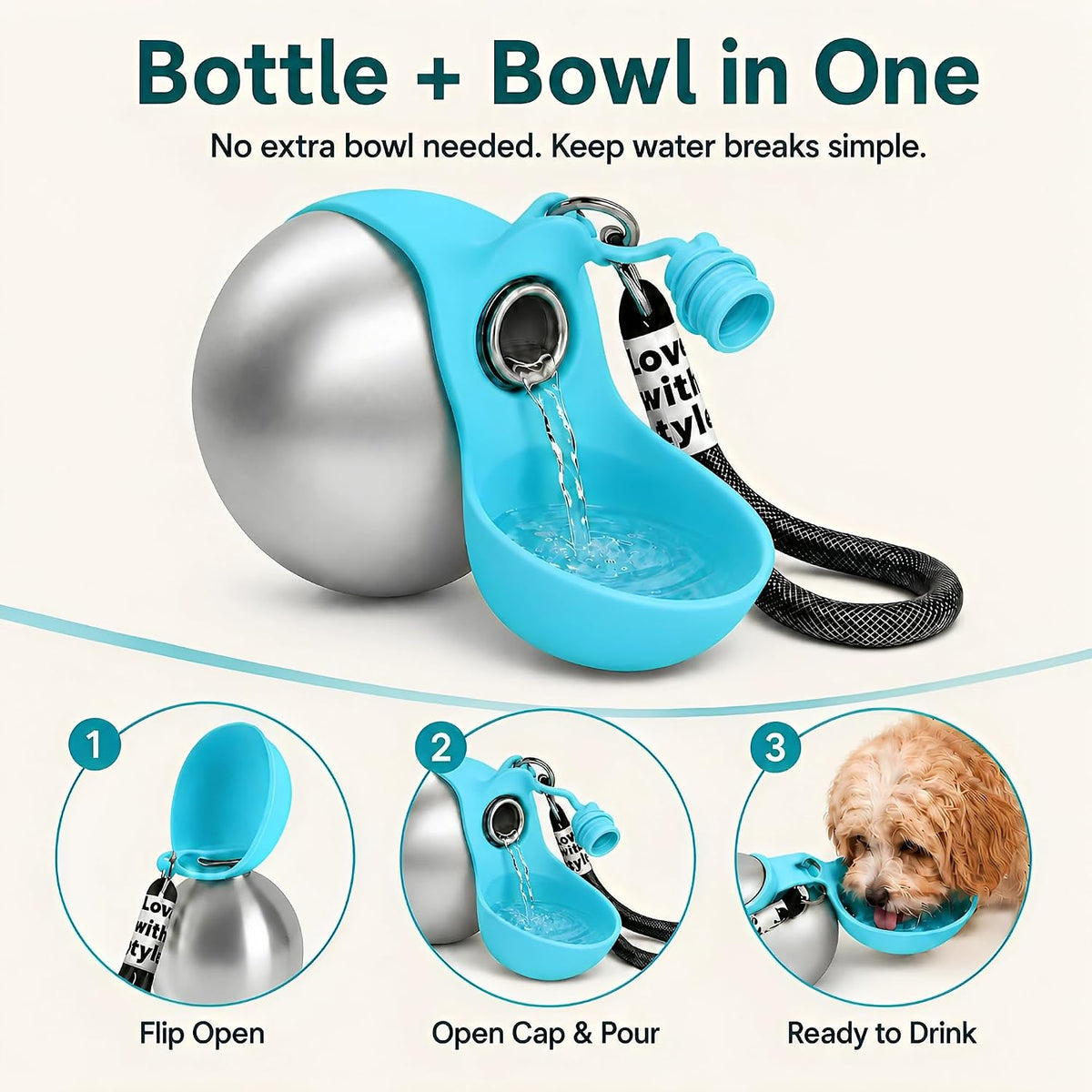 2 in 1 Dog Water Bottle Portable with Bowl, 10oz Stainless Steel, Blue