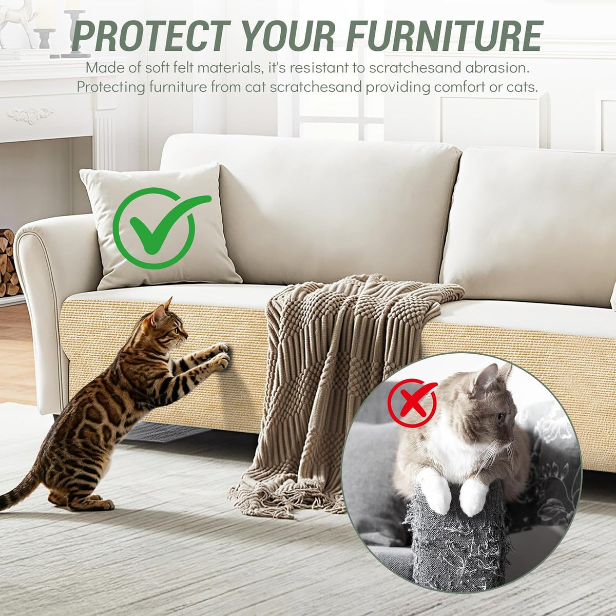 Couch Wall Corner Protector for Indoor Cats, Khaki, 39.3x15.8In