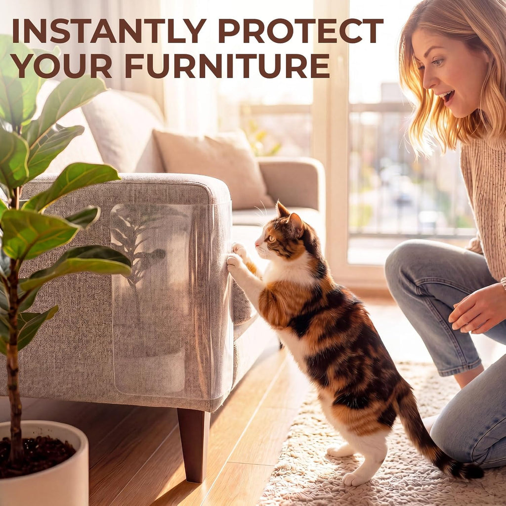 Cat Scratch Furniture Protector, 12 Pack Self Adhesive Tape, Heavy Duty Flexible Corner Guards for Couch, Sofa, Doors, Walls, Chairs, Armrests, No Residue, No Pins, Cat Scratch Protection Kit