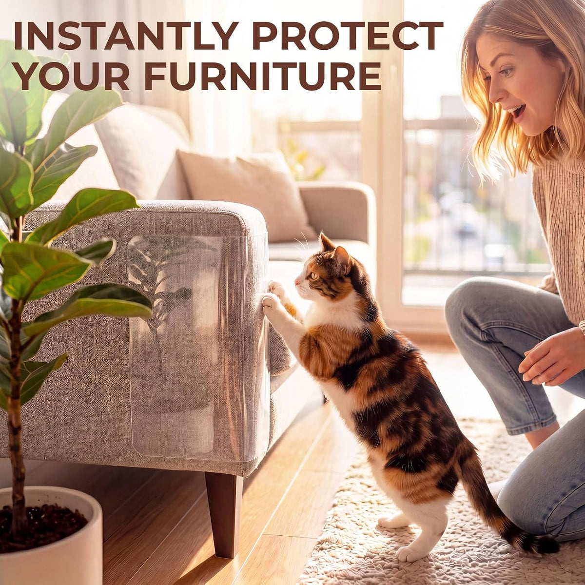 Cat Scratch Furniture Protector, 12 Pack Self Adhesive Tape, Heavy Duty Flexible Corner Guards for Couch, Sofa, Doors, Walls, Chairs, Armrests, No Residue, No Pins, Cat Scratch Protection Kit