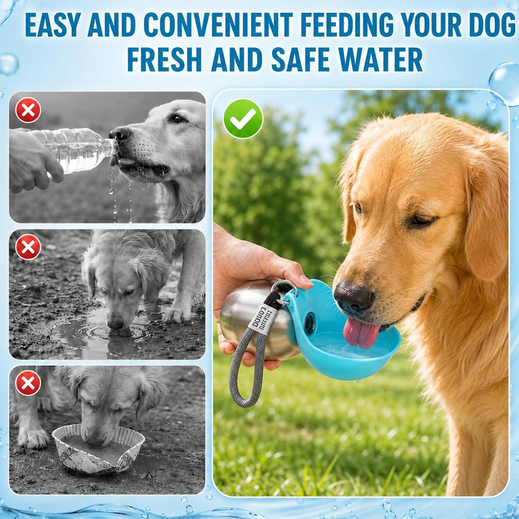 2 in 1 Portable Tumbler for Dogs, Portable Dog Water Ball, 10oz Stainless Steel Pet Water Dispenser with Silicone Foldable Bowl, Leak Proof, Portable Small Dog Water Bottle for Walking, Hiking(Pink)
