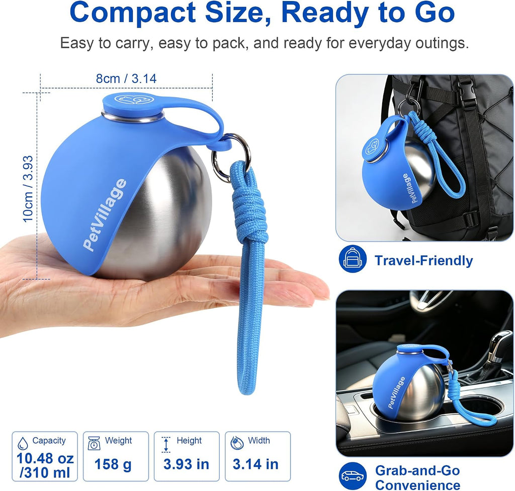2-in-1 Dog Water Bottle with Foldable Bowl, Portable Leak-Proof Pet Travel Water Dispenser, Stainless Steel Dog Hydration Bottle for Walking, Hiking, Small Dogs & Puppies, PawSip Blue 10oz