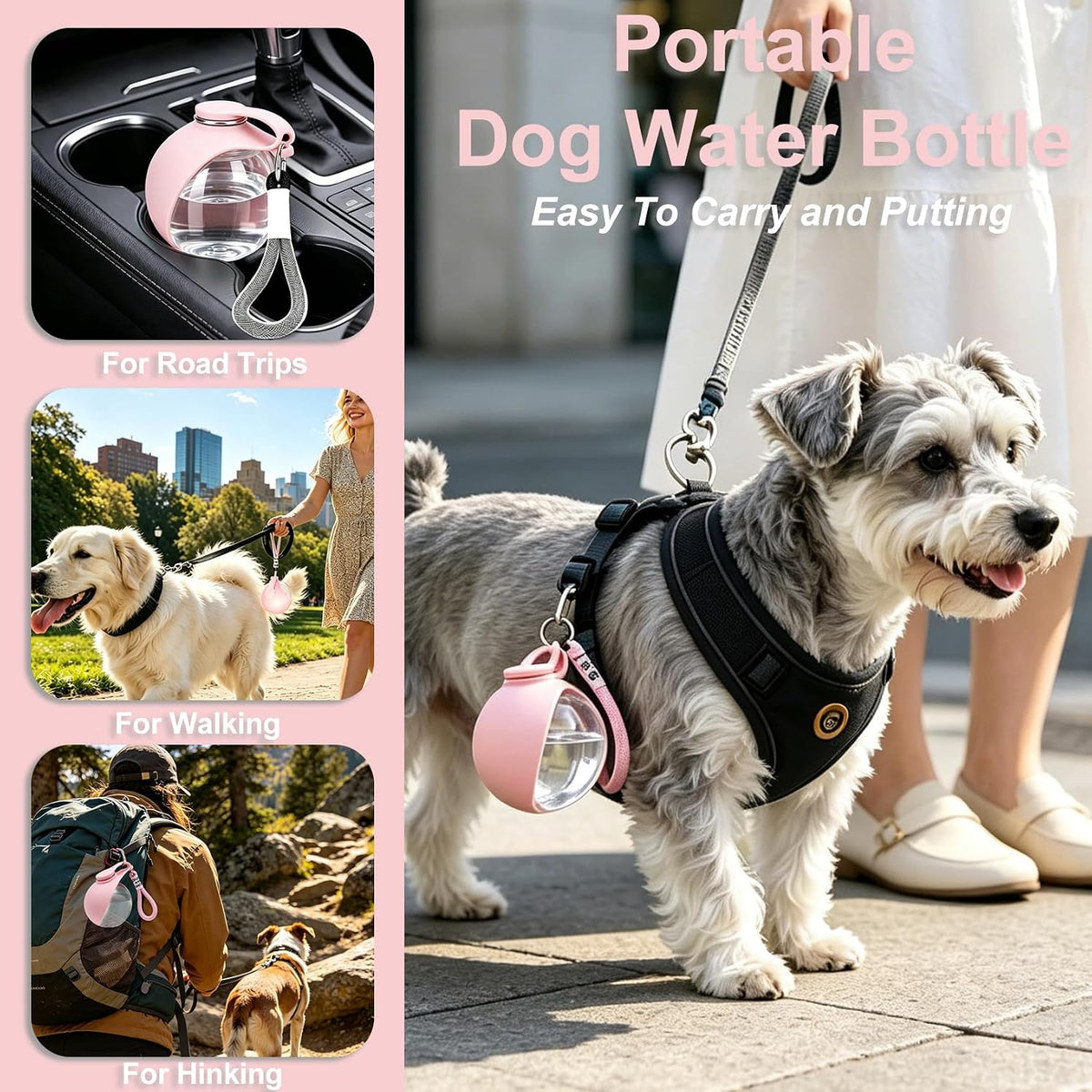 Dog Water Bottle Portable, 2in1 Round Foldable Water Bowl for Dogs Pink PET