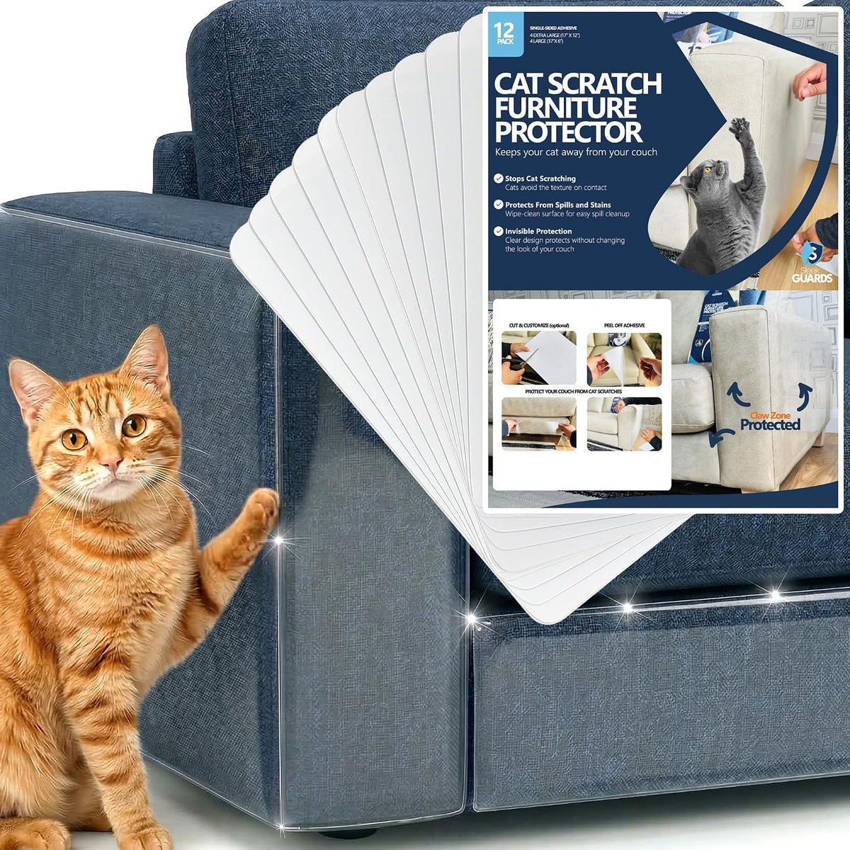 Furniture Protector from Cats, 12-Pack Anti-Scratching Sticky Tape, Scratch Deterrent, Cat Scratch Furniture Protector, Couch Protector from Cat Claws, Sofa Corners, Couch Corner Protector for Cats