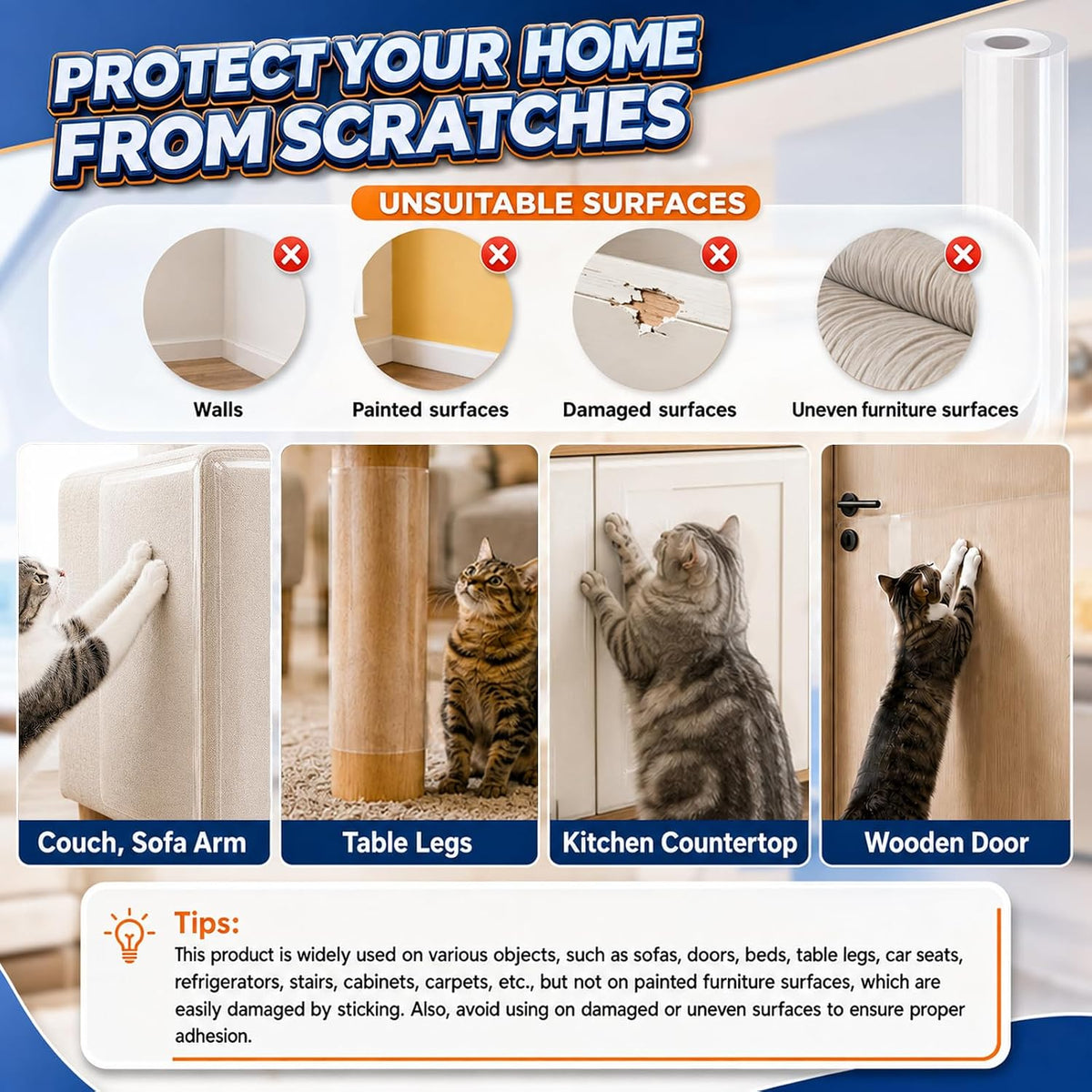 196.9" x 17.7" Anti Cat Scratch Furniture Protector, Clear Couch Protector from Cat Claws, Self-Adhesive Anti Scratch Cats Tape for Furniture with Twist Pins and Scraper
