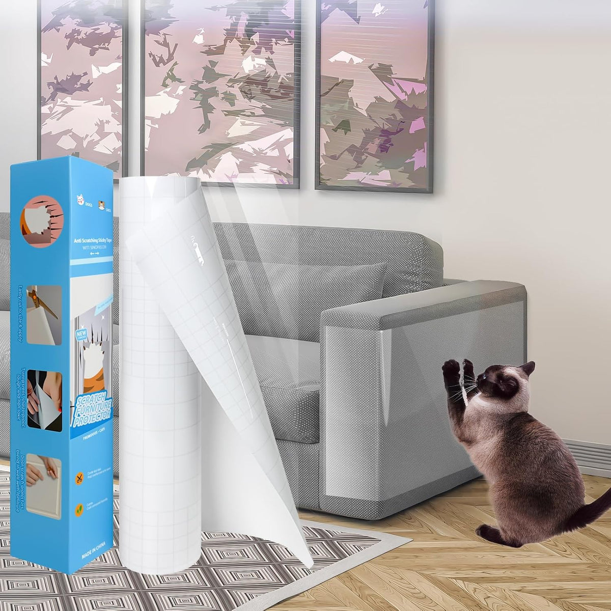 Anti Cat Scratch Furniture Protector, New Couch Protector from Cats Claws, Cat Protection for Furniture, Walls, Doors with Pocket Knife, Scraper, Tape(7.87" x 118")
