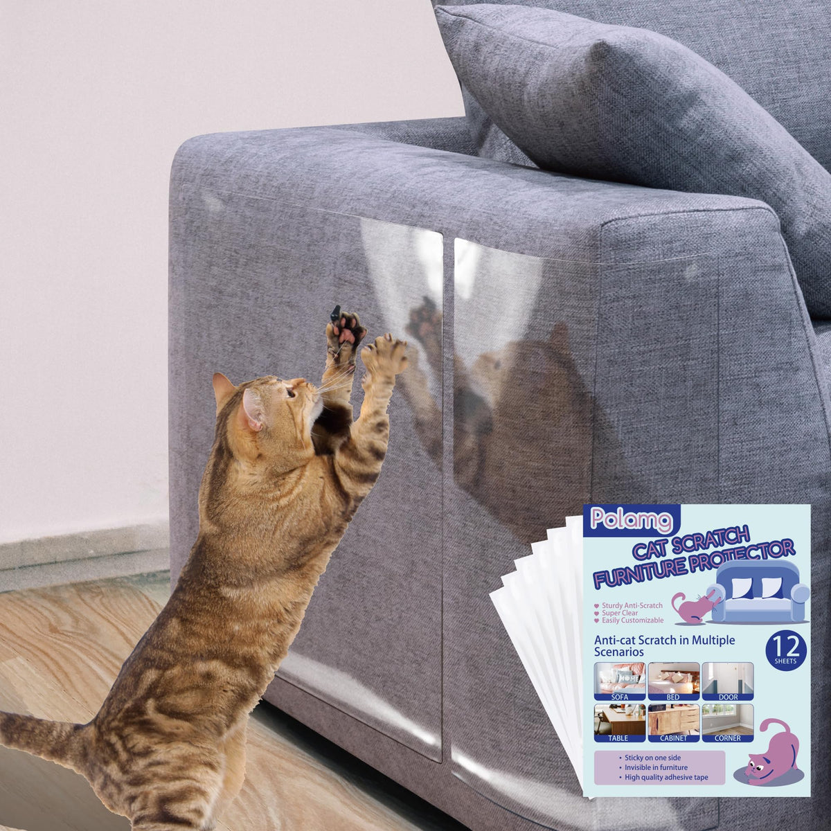 Anti Cat Scratch Furniture Protector 12-Pack Single-Sided, Heavy-Duty Self-Adhesive Tape, No Residue for Couch, Doors & Walls NO PINS