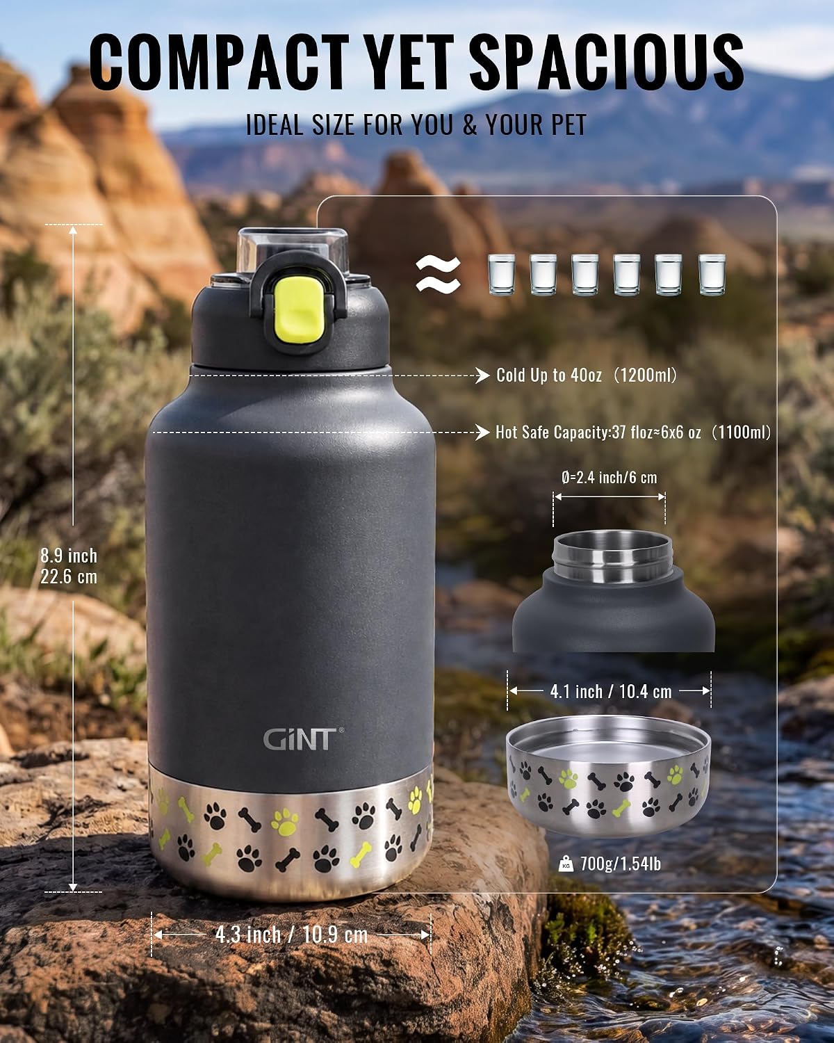 GiNT 37oz / 1.1L Insulated Dog Water Bottle with Carrying Case, Dark Grey