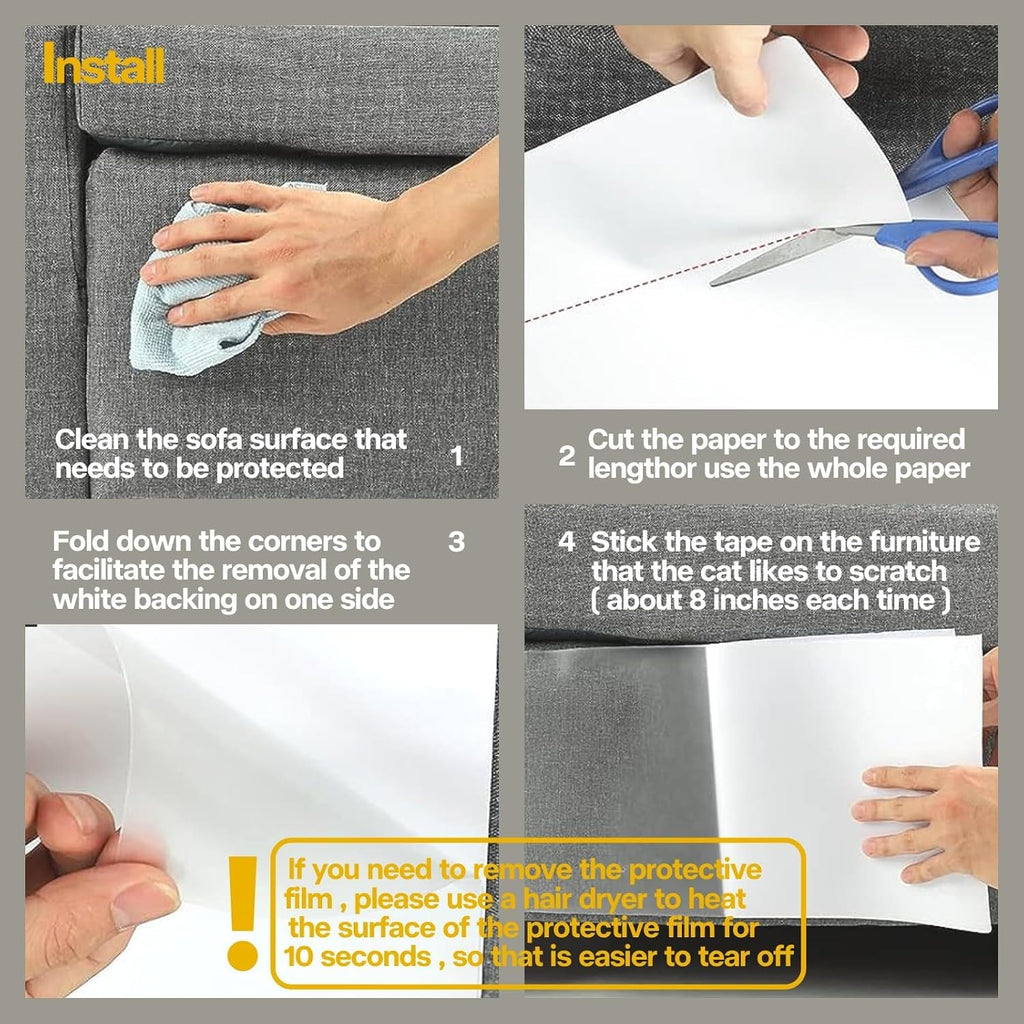 Anti Cat Scratch Furniture Protector, 200 x 12 Inches Clear Thick Vinyl Cat Scratch Deterrent Tape, Single-Sided Sticky Couch Protector for Sofa, Door Frame, Walls, Bed and Furniture Protection