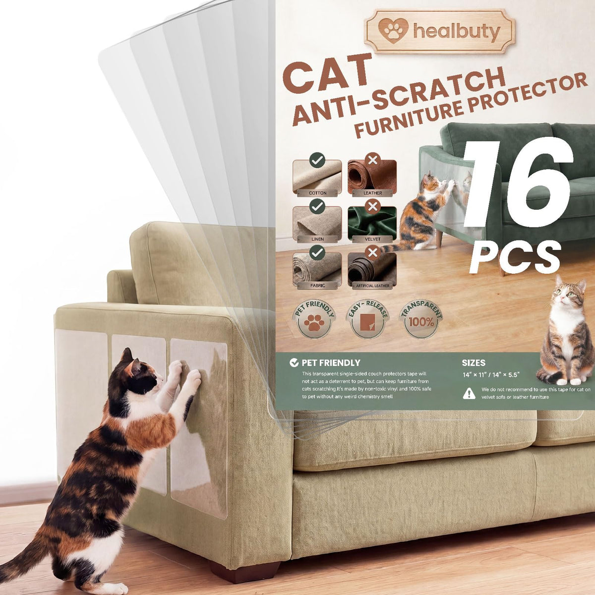 Cat Scratch Furniture Protector, 12 Pack Self Adhesive Tape, Heavy Duty Flexible Corner Guards for Couch, Sofa, Doors, Walls, Chairs, Armrests, No Residue, No Pins, Cat Scratch Protection Kit
