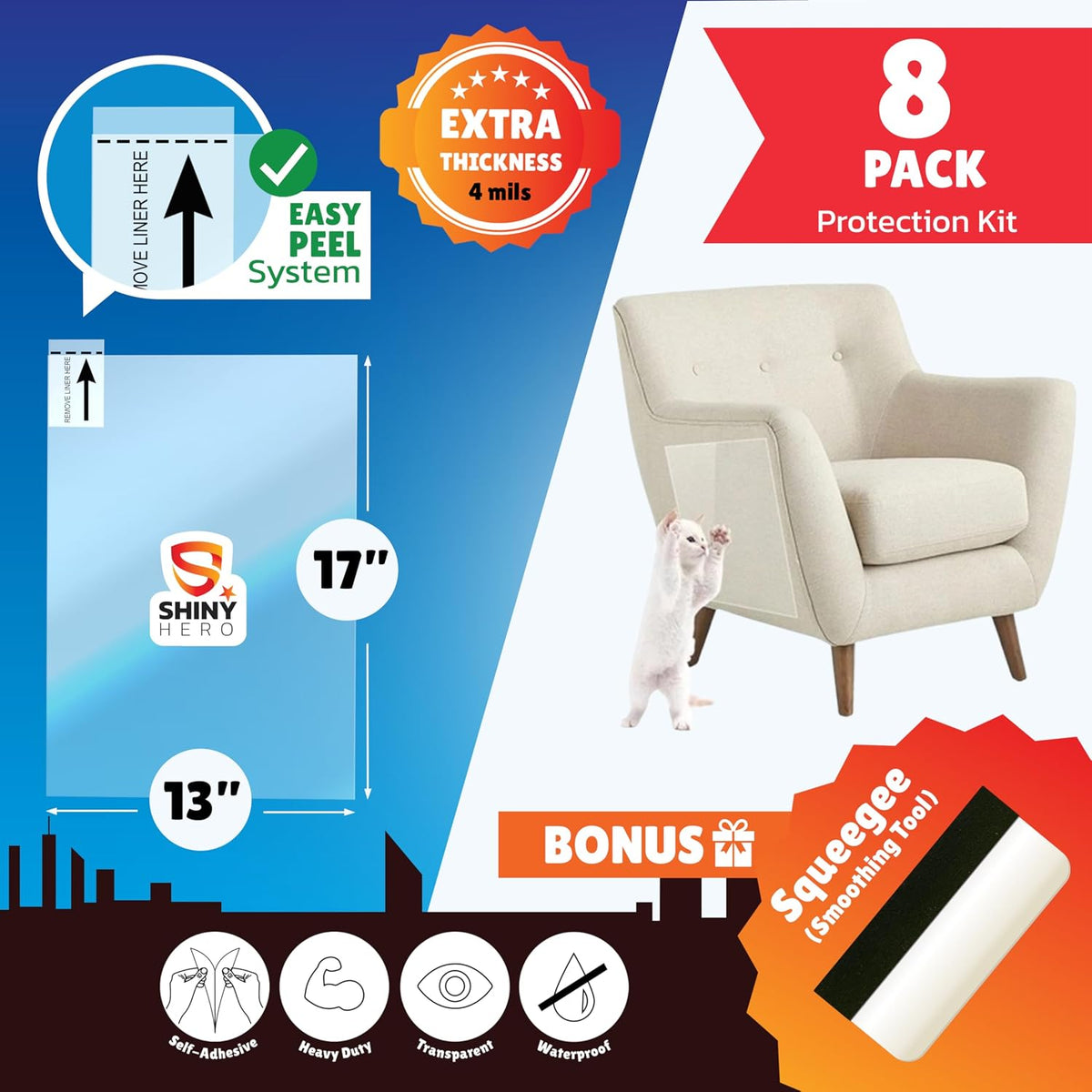 8-Pack - Clear Wall & Door Protector from Dog Scratching - Anti Cat Couch Guard Plastic Sheets, Furniture Self-Adhesive Removable Sticky Tape, Transparent Thick Sofa Scratch Deterrent Frame Cover Film