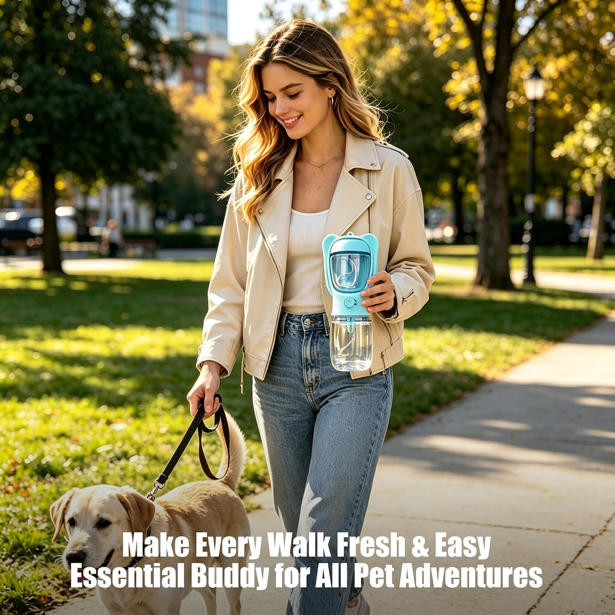 2 in 1 Dog Water Bottle with Food Container, Portable Leakproof Pet Water Dispenser & Bowl, Fits Dogs and Cats (Blue, Small)