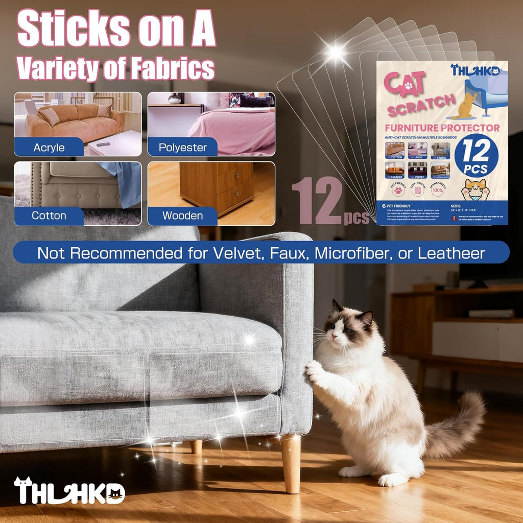 12PCS Cat Scratch Furniture Protector, Single Sided Couch Protectors Tape from Cats Claws Scratching, Transparent Sticky Sheets Proof Clawing Sofa Corner Protection Cover Anti Scratch for Furniture