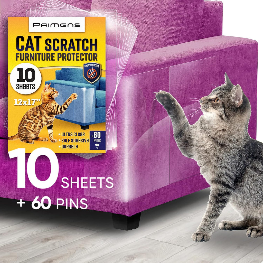 Heavy Duty Cat Scratch Deterrent Furniture Protectors for Sofa, Doors, Clear Couch Protectors from Cats Scratching, Anti Cat Scratch Tape Guards (Transparent, 10 Sheets 17x12)